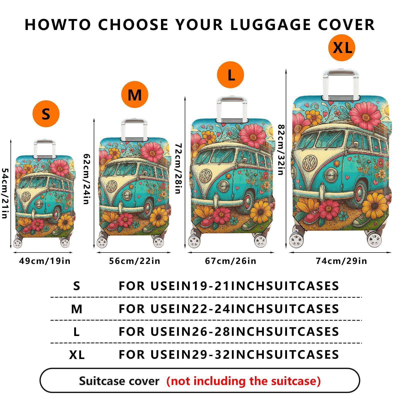 1-Piece Flower Bus Vintage Colorful Artistic Travel  Suitcase Luggage Cover, Stretch Protective Sleeve