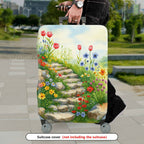 1-Piece Floral Garden Path Colorful Flowers Stone Staircase Scenic  Suitcase Luggage Cover, Stretch Protective Sleeve