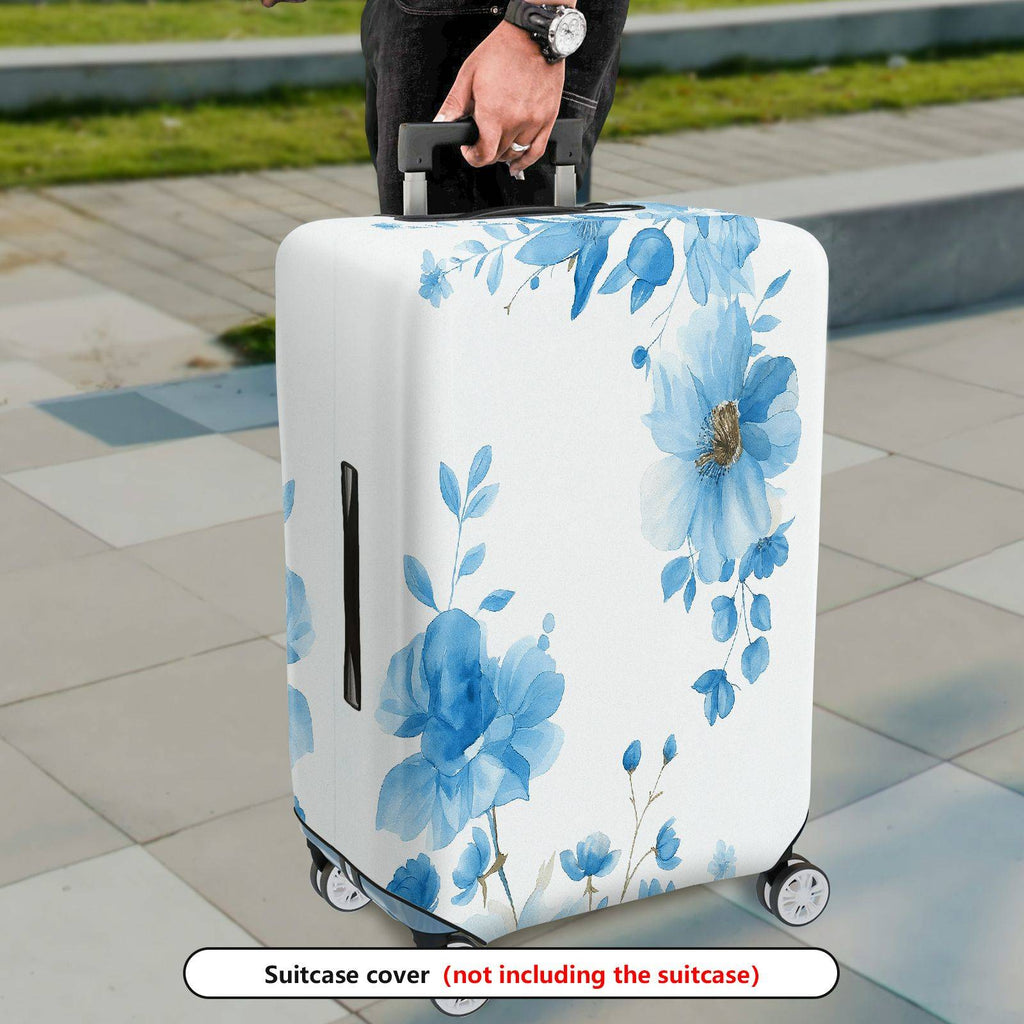 1-Piece Floral Blue White Elegant Artistic Blossom  Suitcase Luggage Cover, Stretch Protective Sleeve