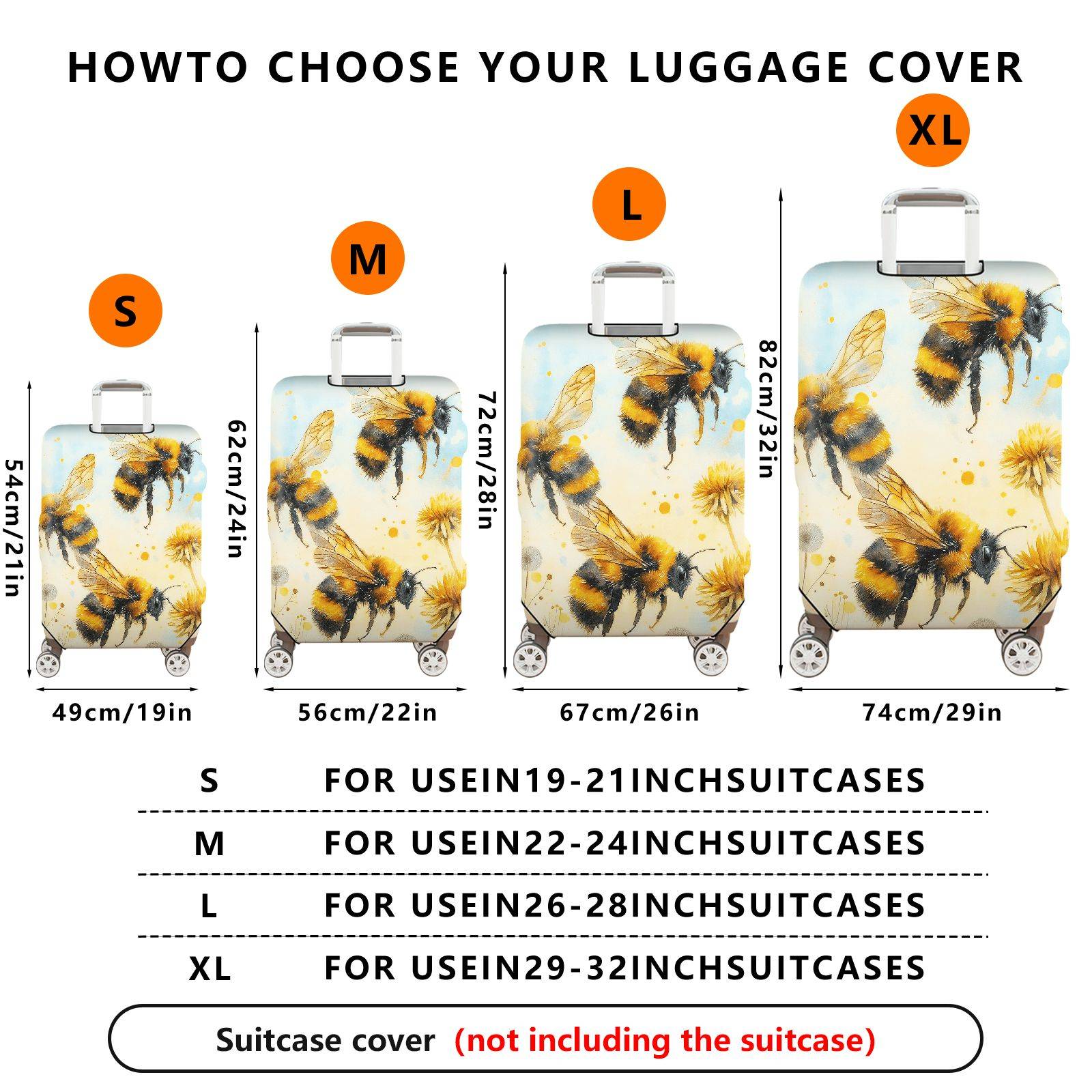 1-Piece Yellow Bee Flower Nature Artistic Travel  Suitcase Luggage Cover, Stretch Protective Sleeve