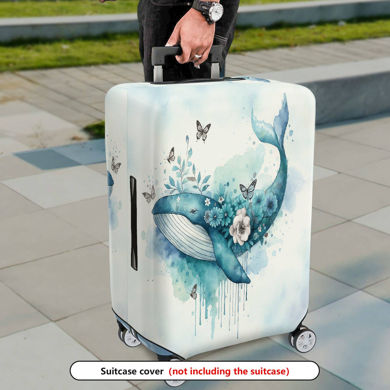 1-Piece Whale Butterfly Flower Watercolor Artistic Nautical  Suitcase Luggage Cover, Stretch Protective Sleeve