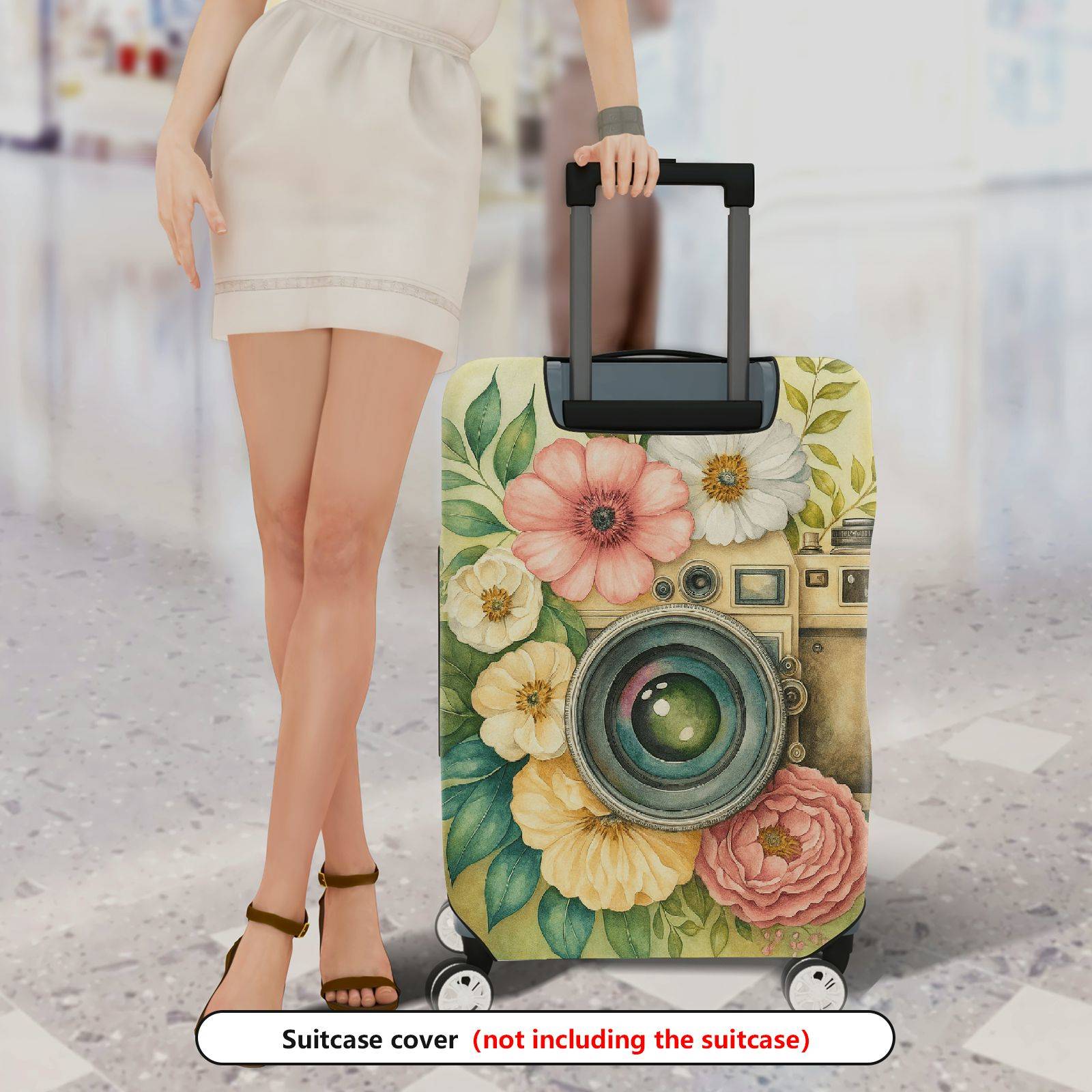 1-Piece Vintage Floral Camera Artistic Bloom Colorful  Suitcase Luggage Cover, Stretch Protective Sleeve