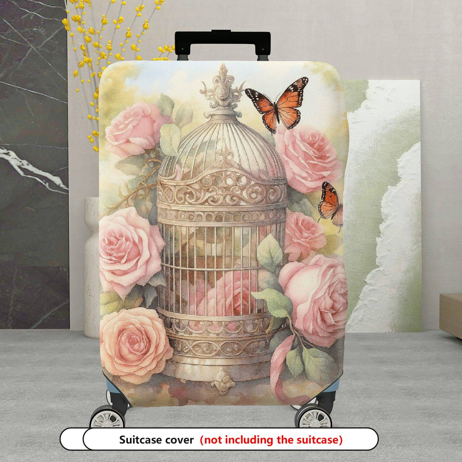 1-Piece Vintage Floral Butterfly Birdcage Nature Artistic  Suitcase Luggage Cover, Stretch Protective Sleeve