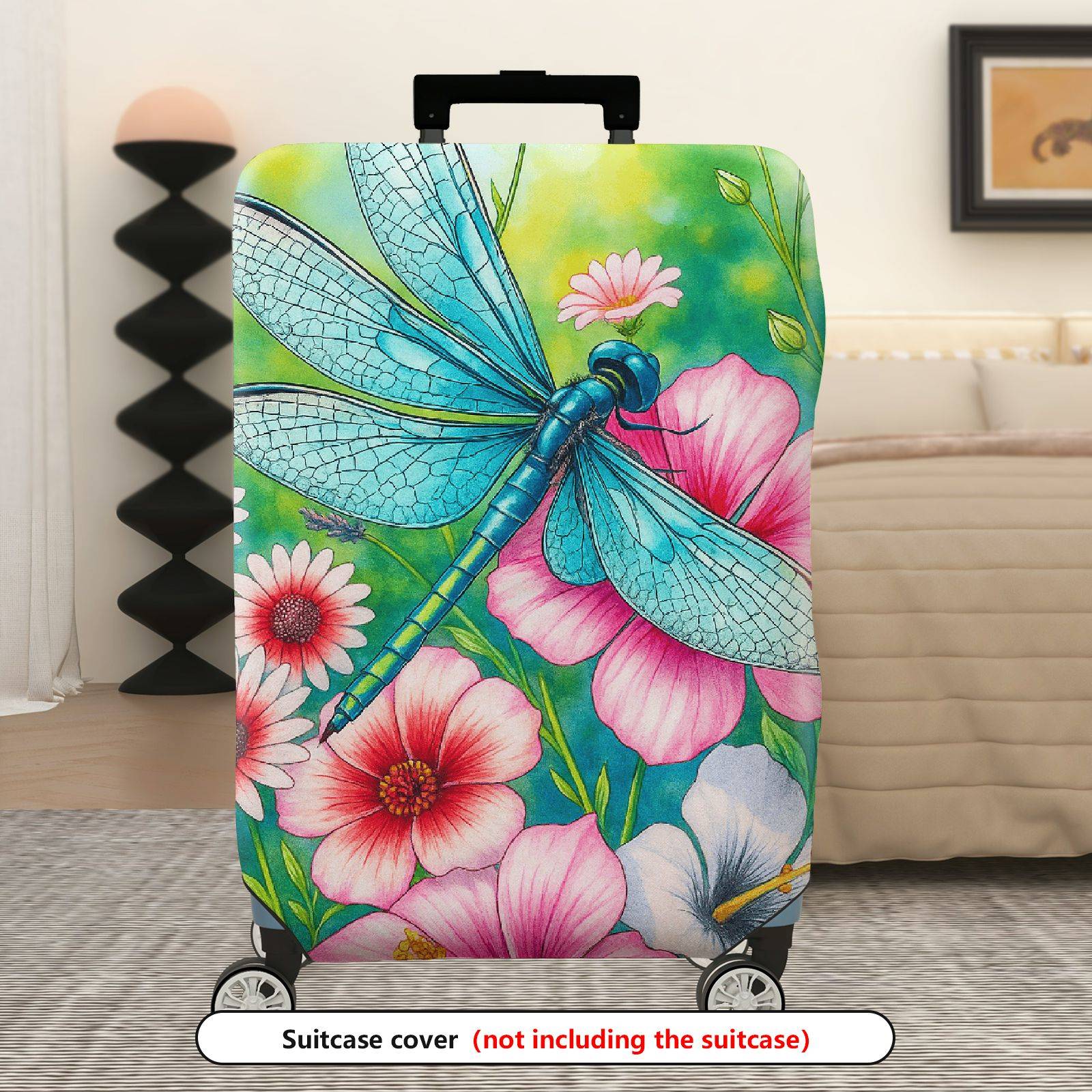 1-Piece Dragonfly Floral Colorful Artistic Nature  Suitcase Luggage Cover, Stretch Protective Sleeve