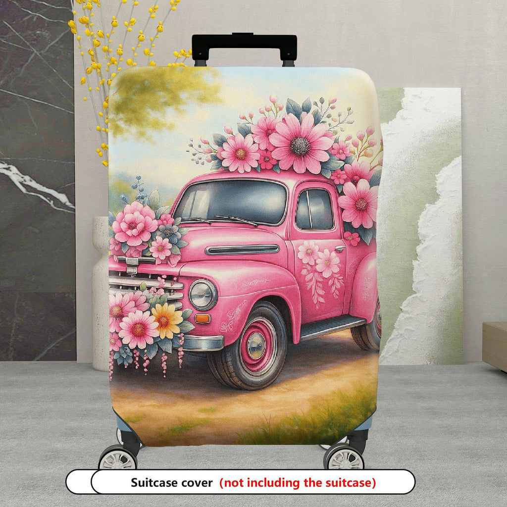 1-Piece Pink Flower Truck Vintage Nature Retro Floral  Suitcase Luggage Cover, Stretch Protective Sleeve