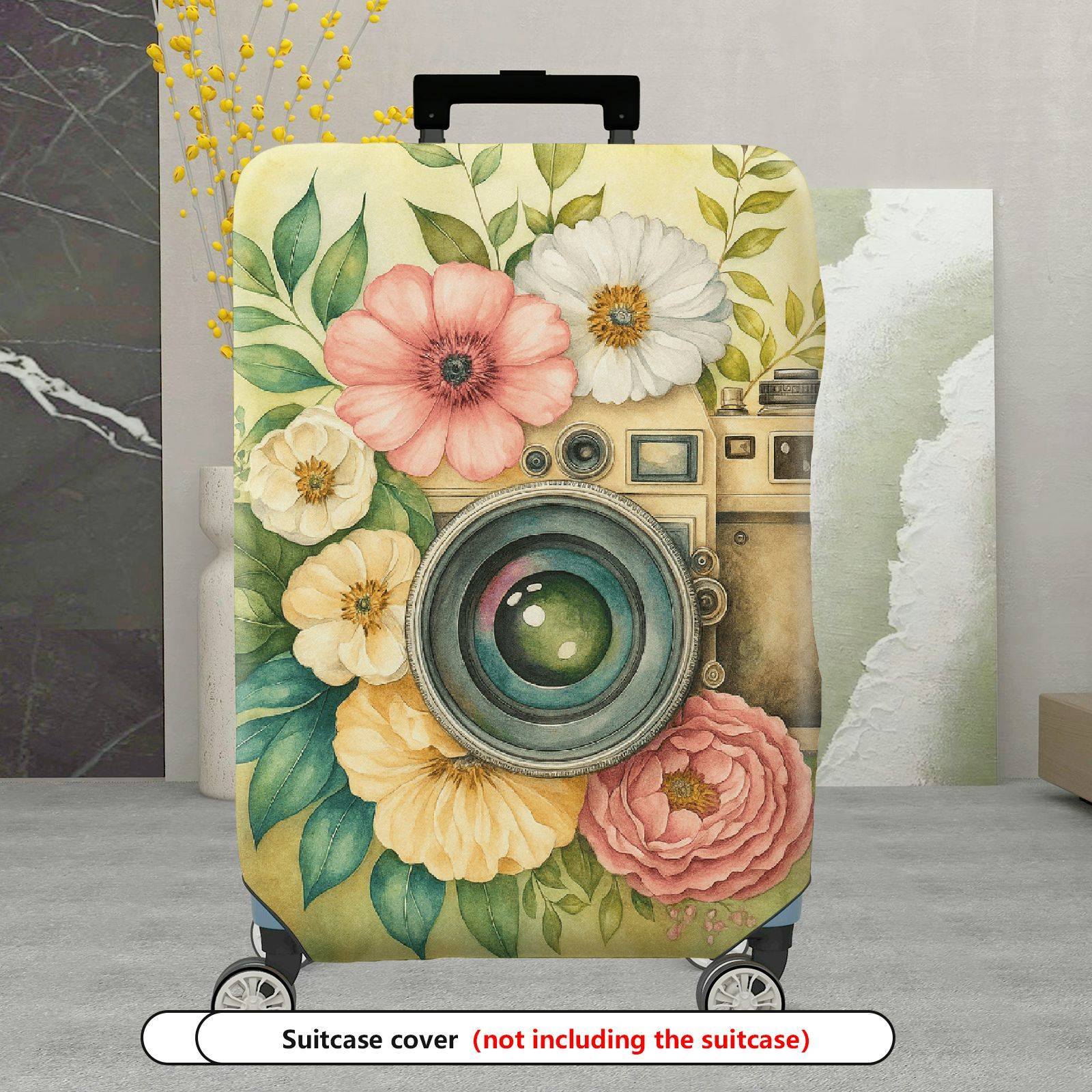 1-Piece Vintage Floral Camera Artistic Bloom Colorful  Suitcase Luggage Cover, Stretch Protective Sleeve