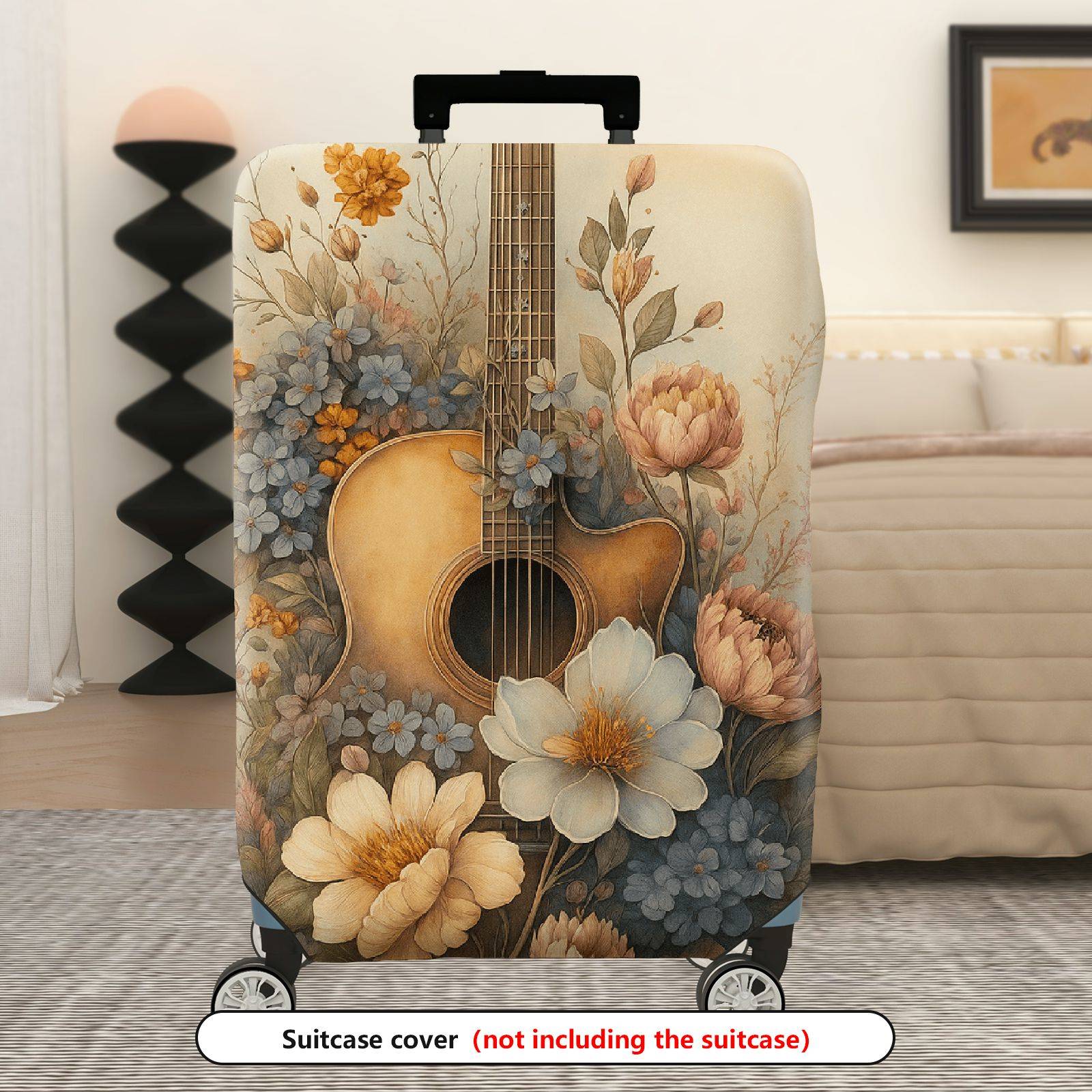 1-Piece Floral Guitar Artistic Vintage Retro Elegant  Suitcase Luggage Cover, Stretch Protective Sleeve