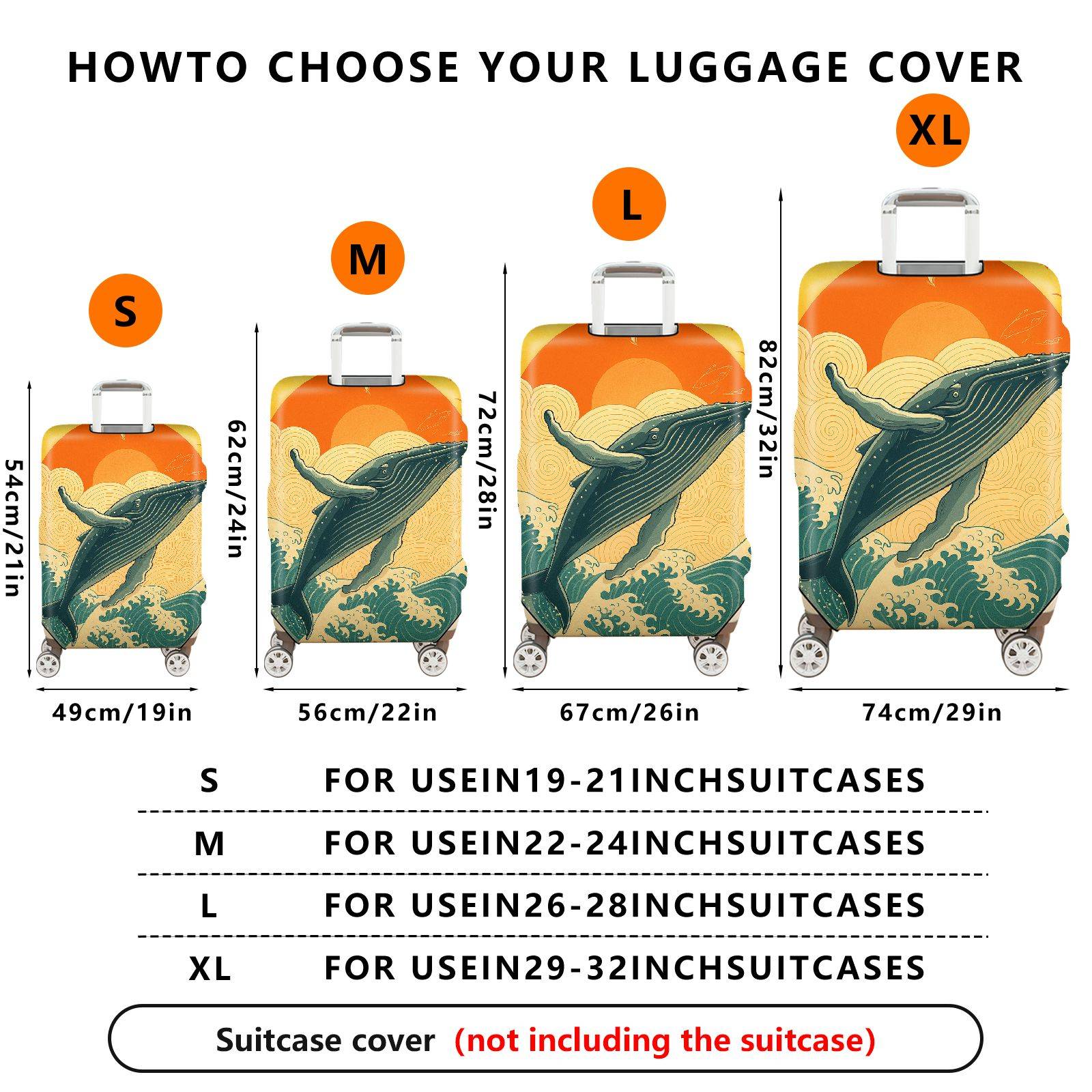 1-Piece Whale Sunset Ocean Wave Travel Art  Suitcase Luggage Cover, Stretch Protective Sleeve