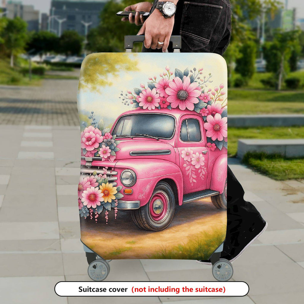 1-Piece Pink Flower Truck Vintage Nature Retro Floral  Suitcase Luggage Cover, Stretch Protective Sleeve