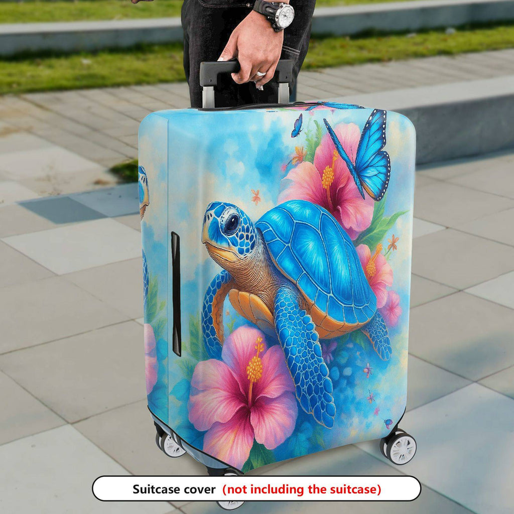 1-Piece Sea Turtle Hibiscus Flower Butterfly Ocean Blue  Suitcase Luggage Cover, Stretch Protective Sleeve