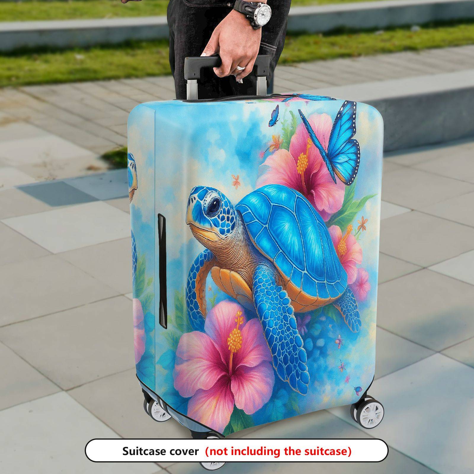 1-Piece Sea Turtle Hibiscus Flower Butterfly Ocean Blue  Suitcase Luggage Cover, Stretch Protective Sleeve