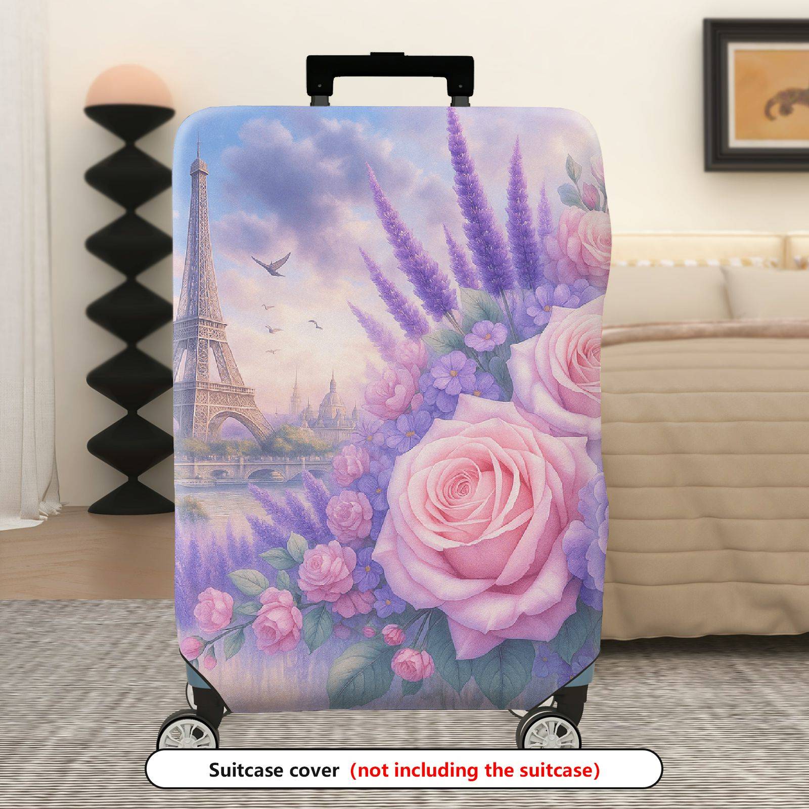 1-Piece Eiffel Tower Rose Flower Paris Travel Europe  Suitcase Luggage Cover, Stretch Protective Sleeve