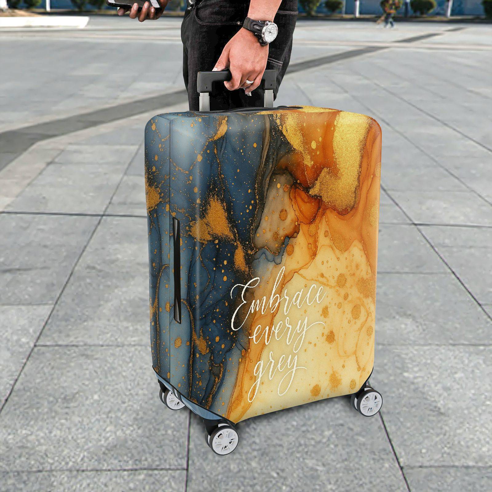 1-Piece Abstract Artistic Splash Golden Blue Marble Whirl  Suitcase Luggage Cover, Stretch Protective Sleeve