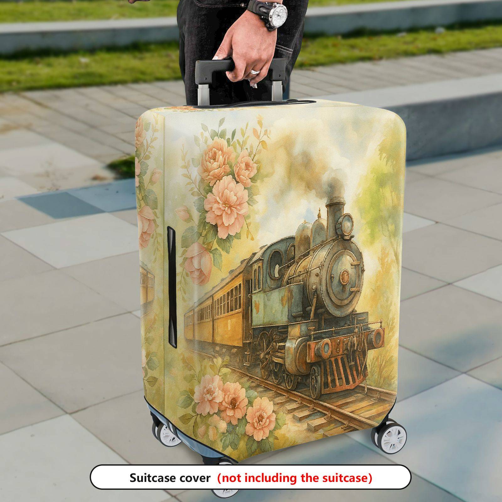 1-Piece Vintage Floral Train Painting Nature Retro Artistic  Suitcase Luggage Cover, Stretch Protective Sleeve