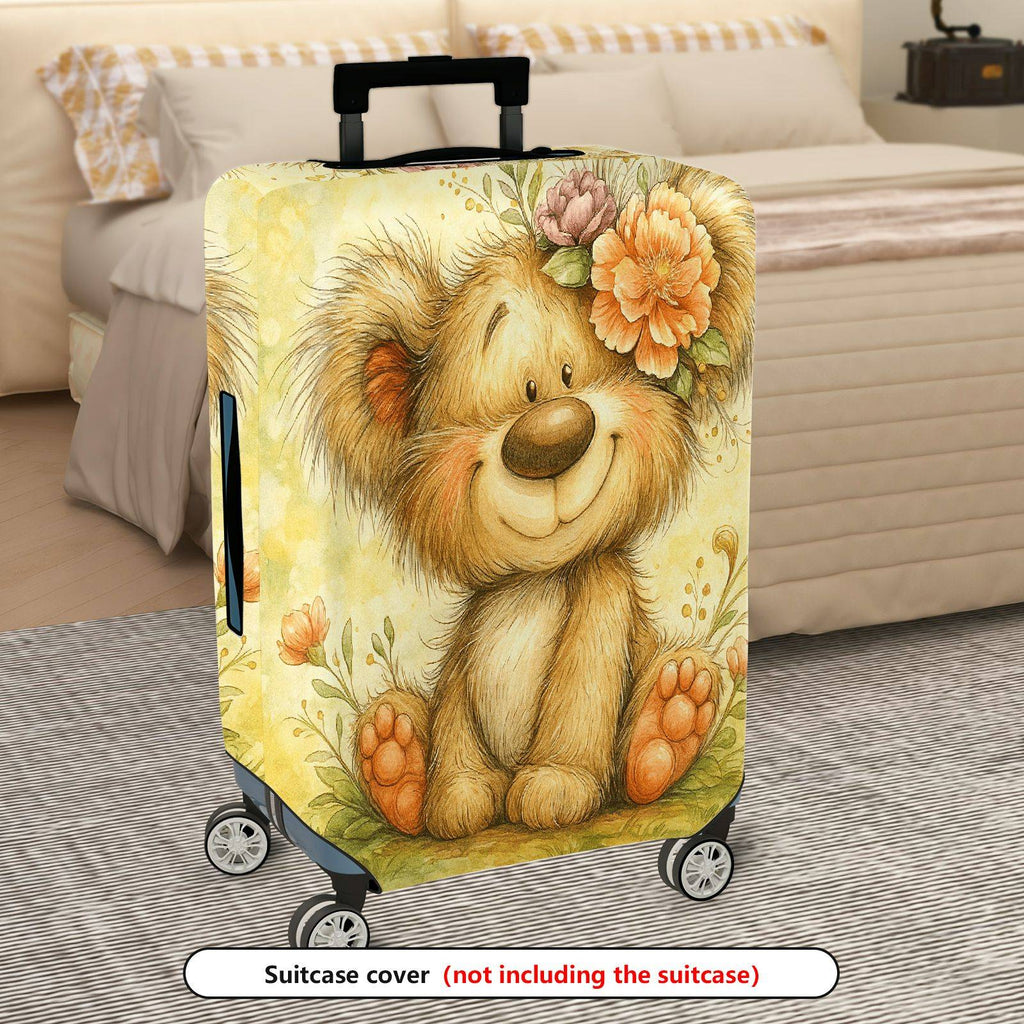 1-Piece Cute Bear Floral Animal Art Yellow Travel  Suitcase Luggage Cover, Stretch Protective Sleeve