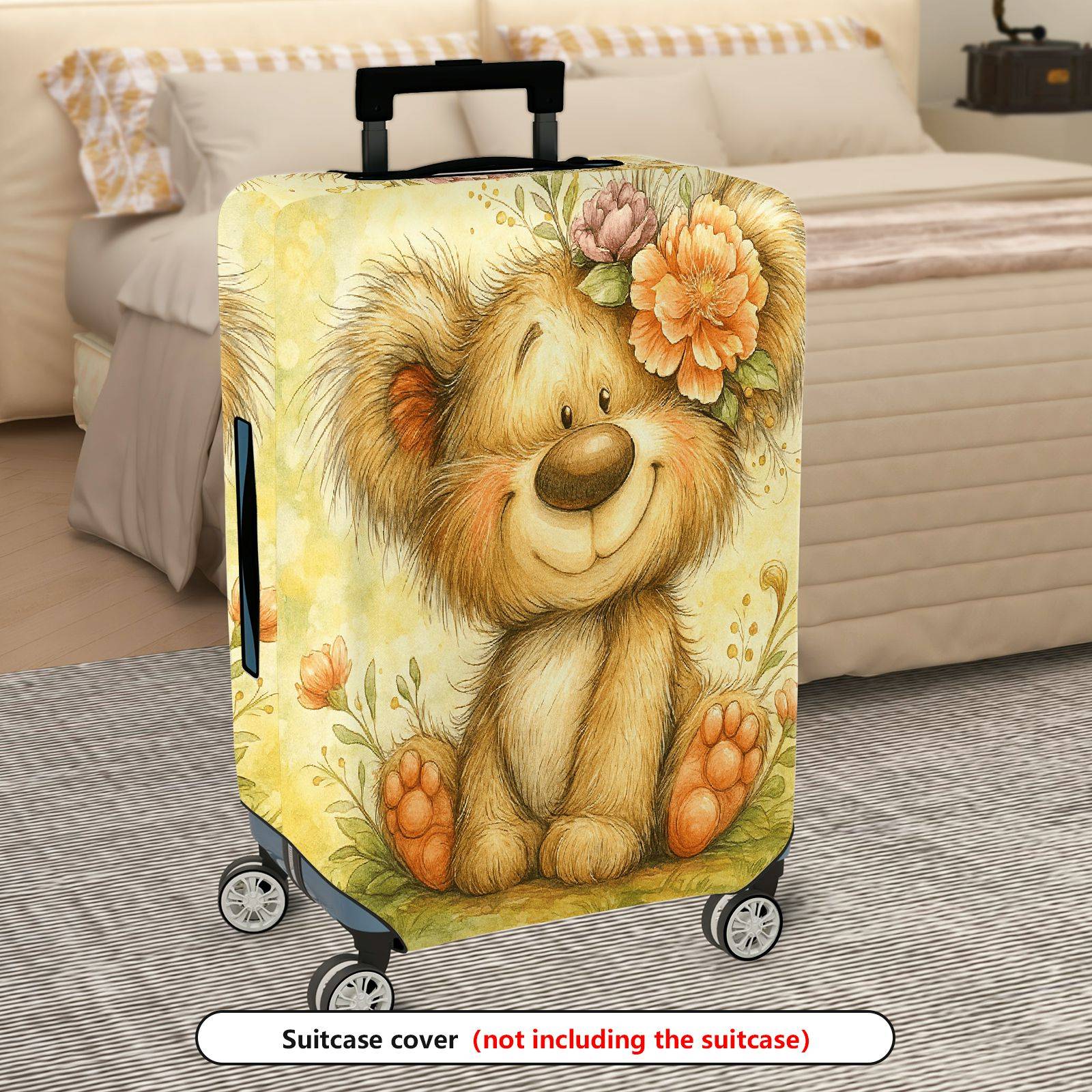 1-Piece Cute Bear Floral Animal Art Yellow Travel  Suitcase Luggage Cover, Stretch Protective Sleeve