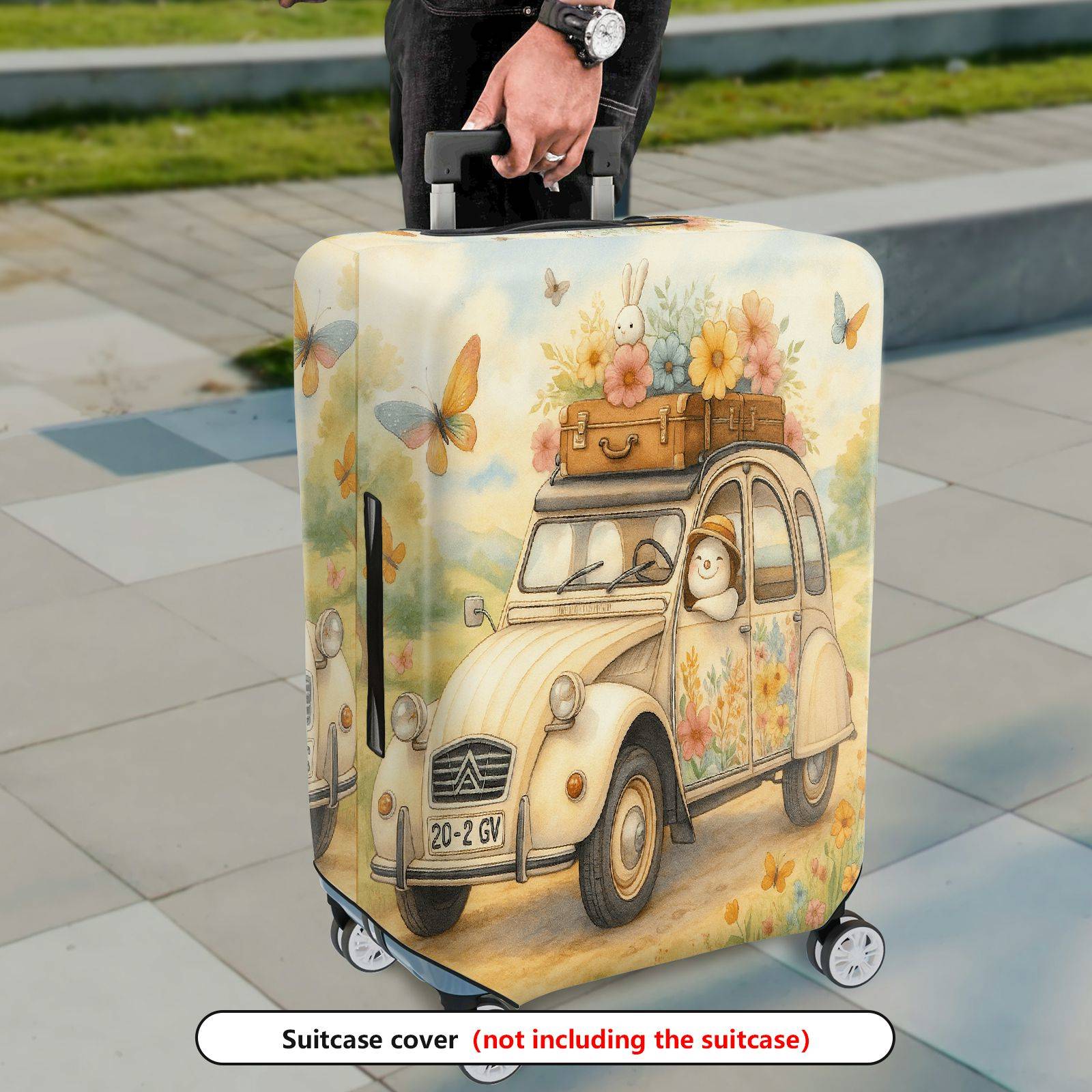 1-Piece Pastoral Flowers Vintage Car Animal  Suitcase Luggage Cover, Stretch Protective Sleeve