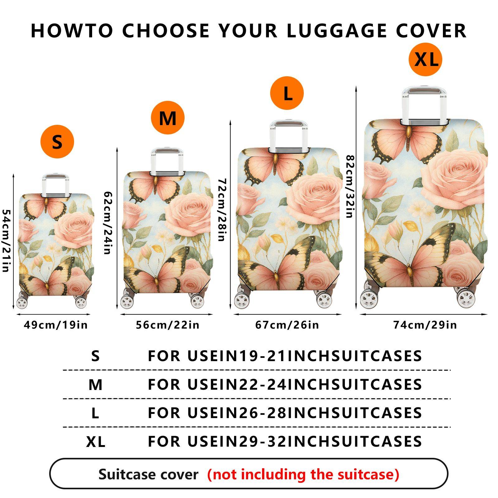 1-Piece Butterfly Rose Floral Pastel Romantic Artistic  Suitcase Luggage Cover, Stretch Protective Sleeve