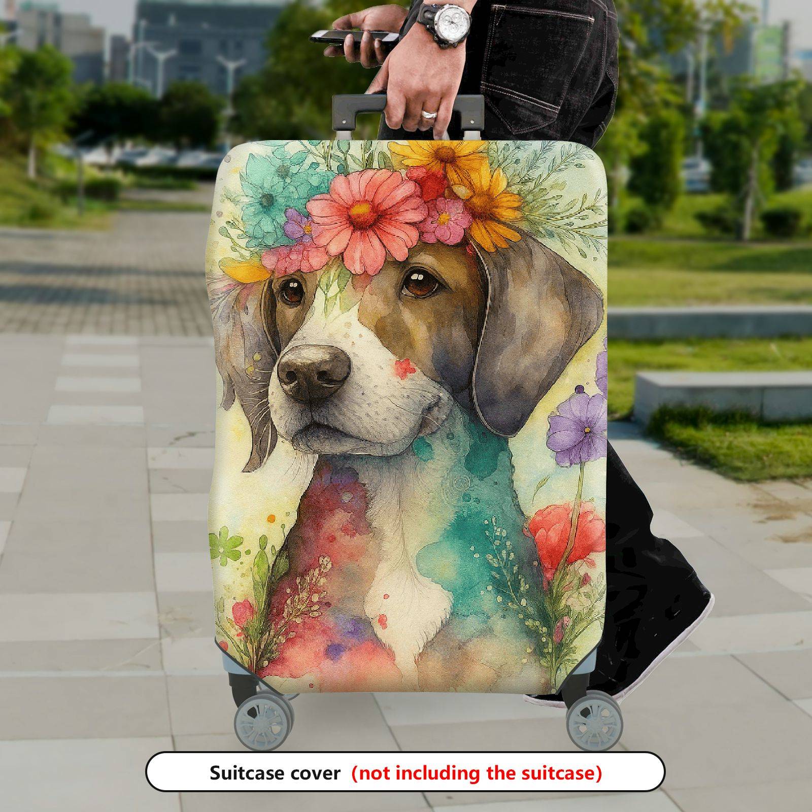 1-Piece Floral Dog Art Watercolor Colorful Artistic  Suitcase Luggage Cover, Stretch Protective Sleeve