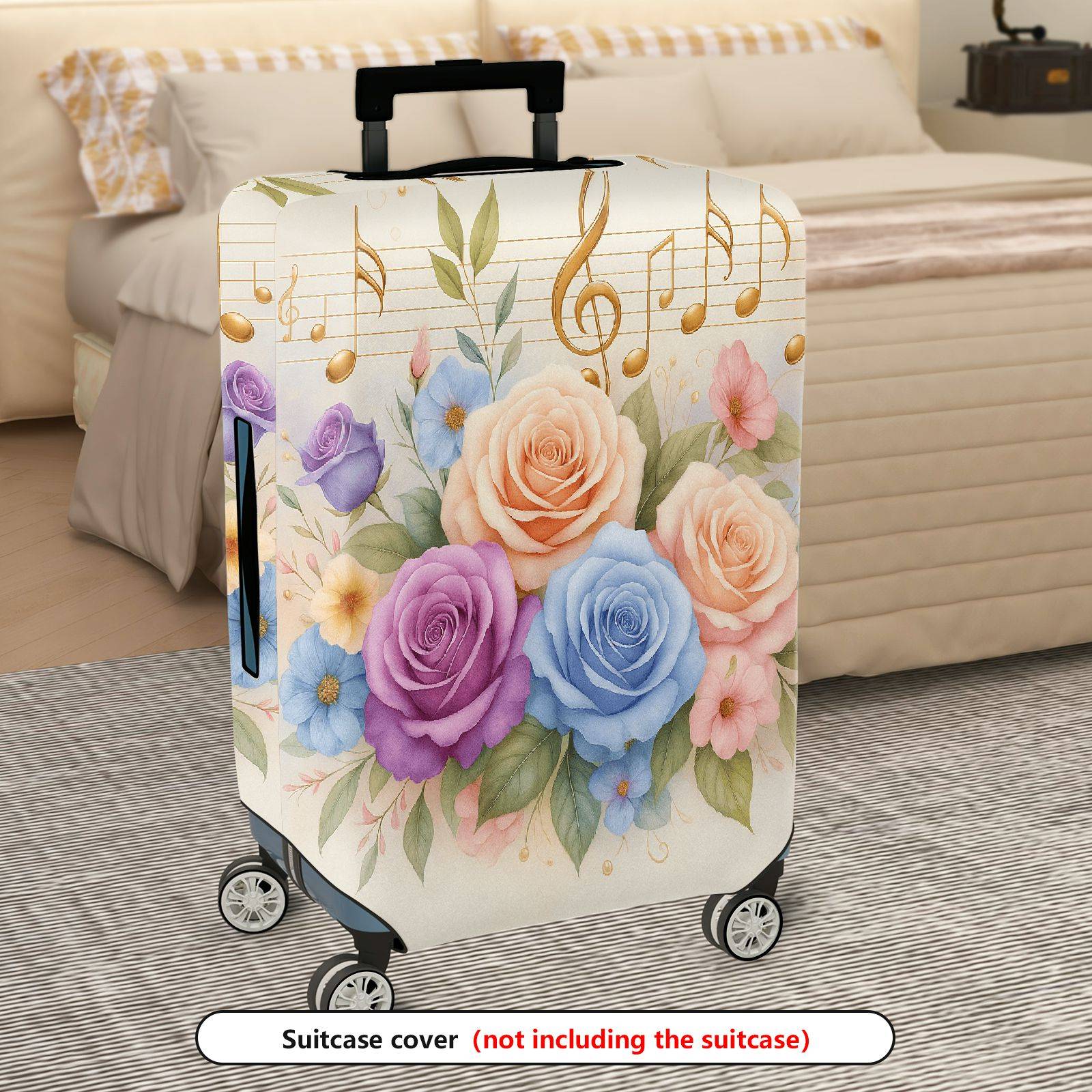 1-Piece Floral Music Notes Colorful Roses Abstract Artistic  Suitcase Luggage Cover, Stretch Protective Sleeve
