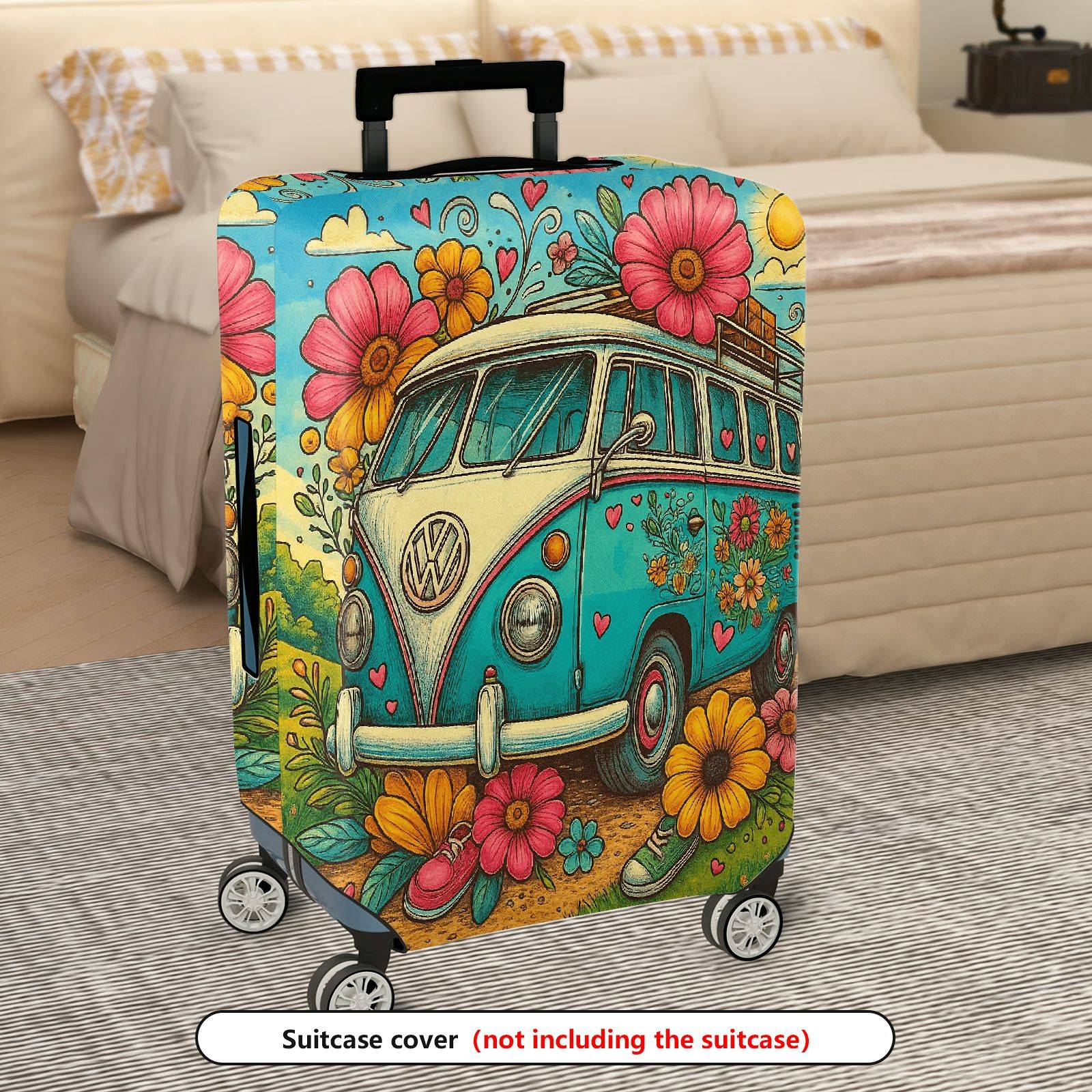 1-Piece Flower Bus Vintage Colorful Artistic Travel  Suitcase Luggage Cover, Stretch Protective Sleeve