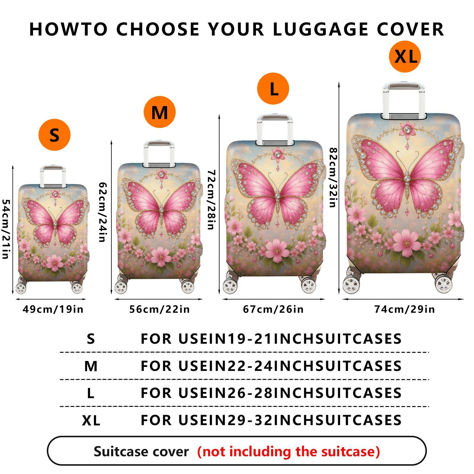 1-Piece Pink Butterfly Flower Sparkle Decorative Travel  Suitcase Luggage Cover, Stretch Protective Sleeve