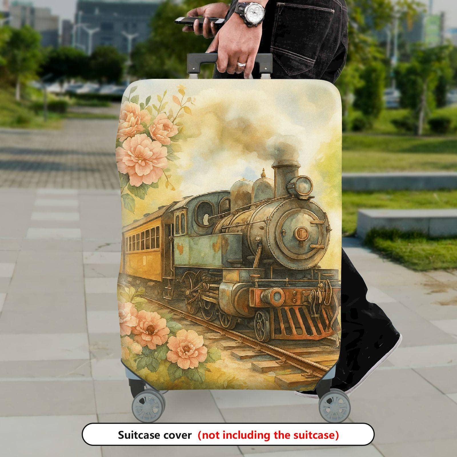 1-Piece Vintage Floral Train Painting Nature Retro Artistic  Suitcase Luggage Cover, Stretch Protective Sleeve